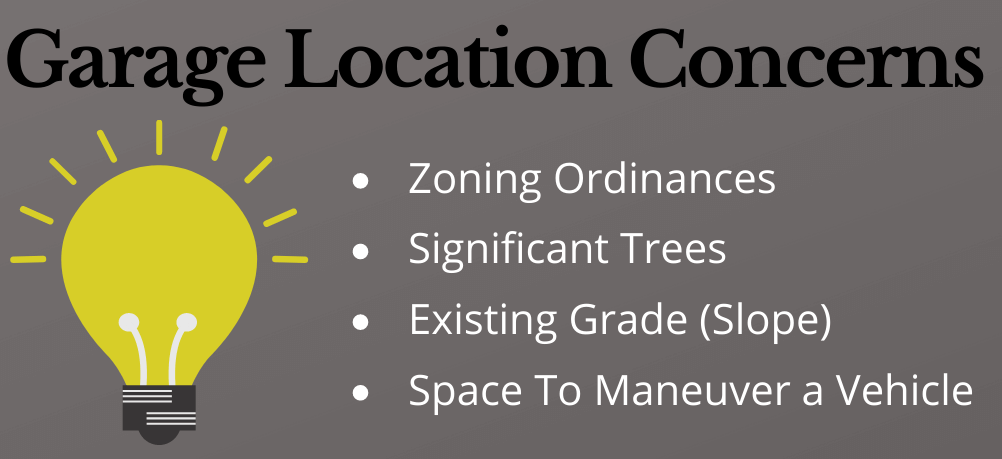 Garage Location Concerns list including zoning ordinances, significant trees, existing grade (slope) and space to maneuver a vehicle.